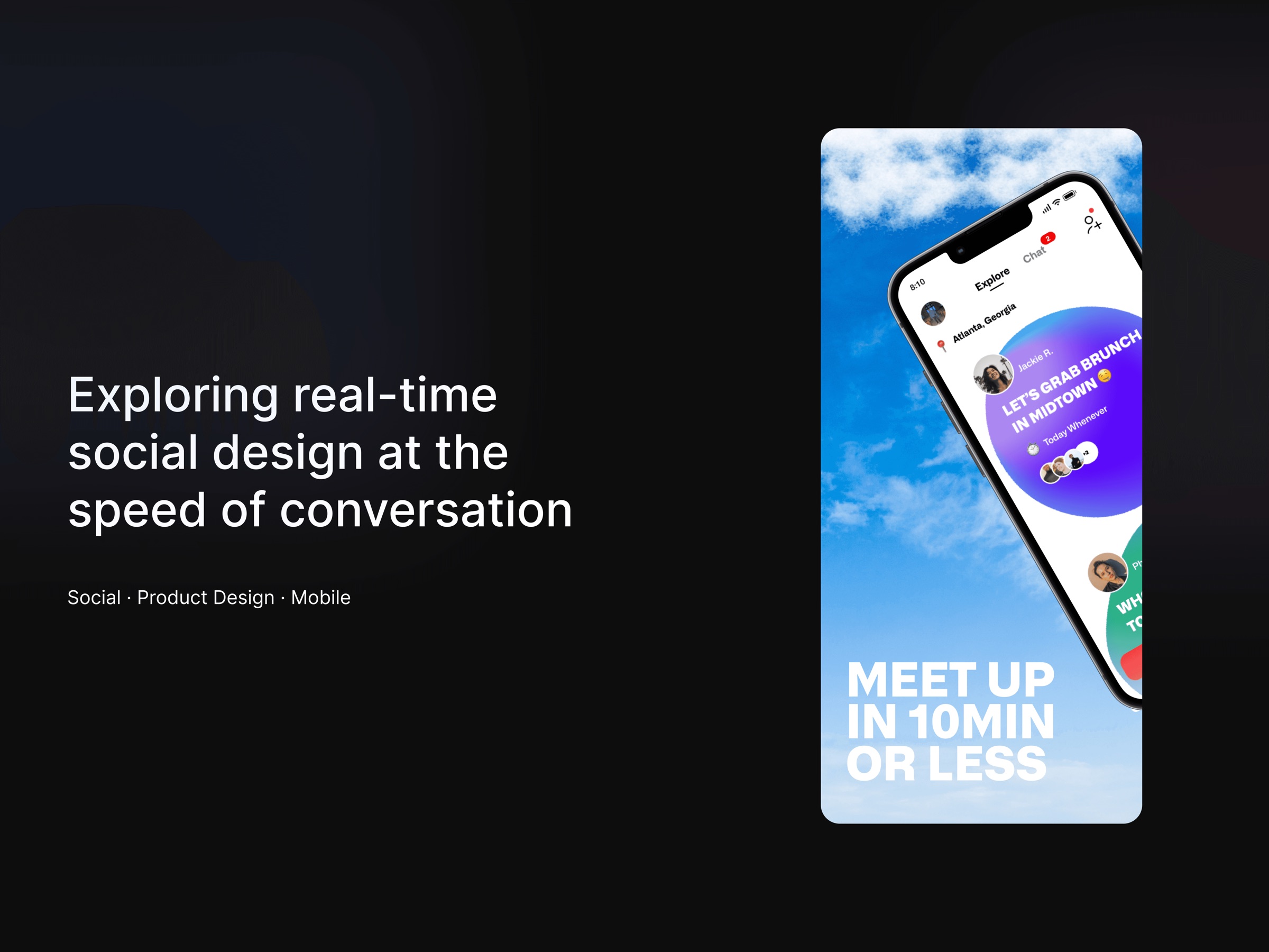 Realtime’s explore screen on an iPhone: a brunch invite in Midtown, under “Meet up in 10 min or less”