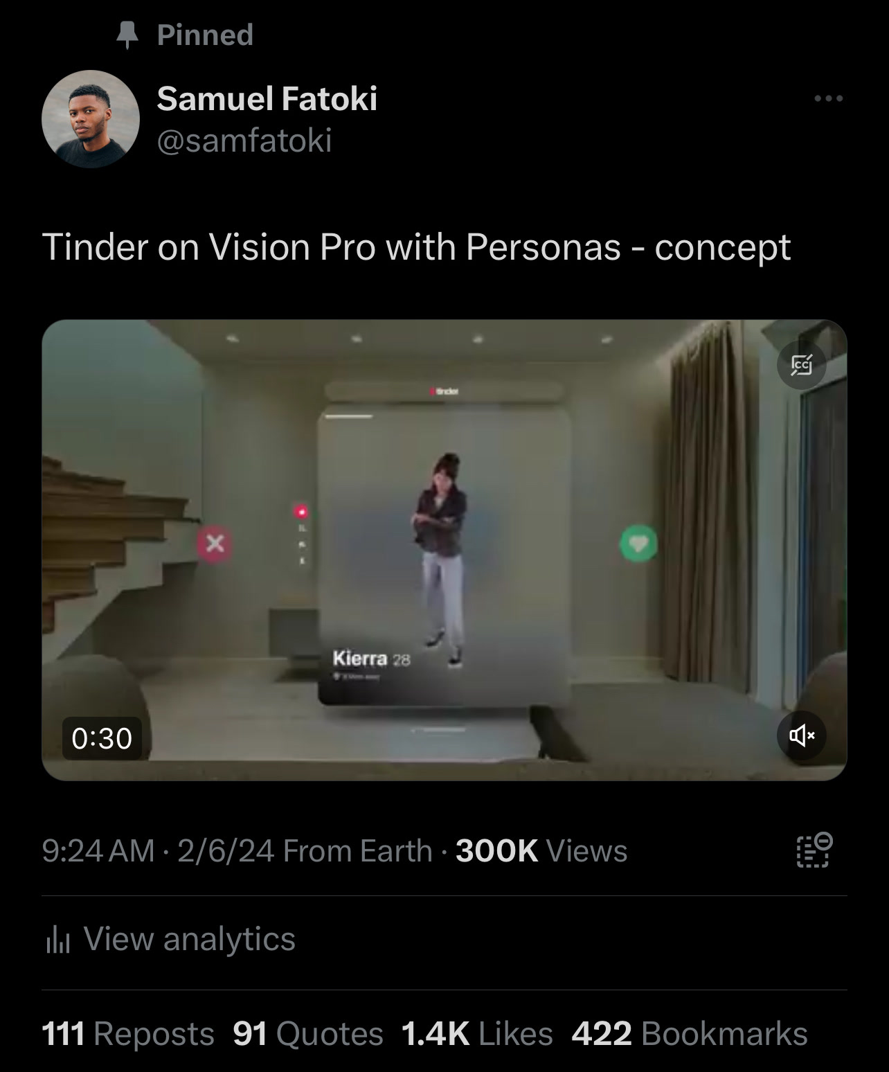 The concept’s post on X, February 6, 2024: 300K views, 111 reposts, 91 quotes, 1.4K likes and 422 bookmarks