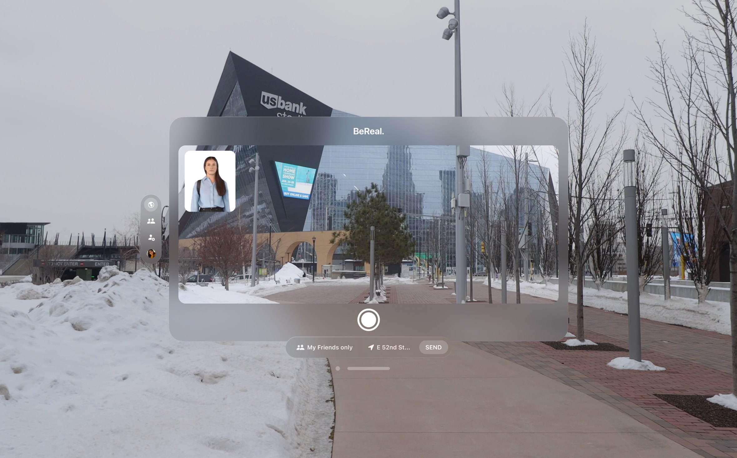 BeReal capture window in a spatial scene, front and rear views composited in one frame