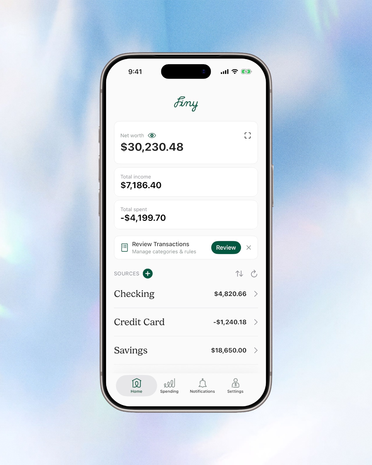 Finy home: net worth, income, spend and linked account balances
