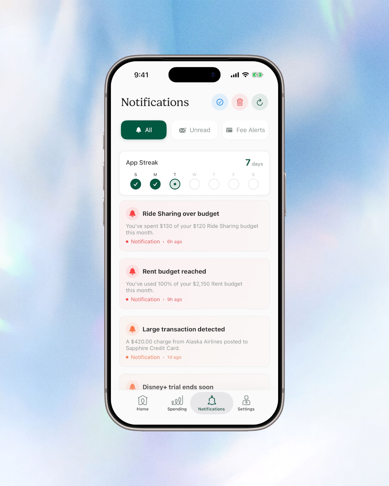 Finy notifications: budget alerts and large transaction detection