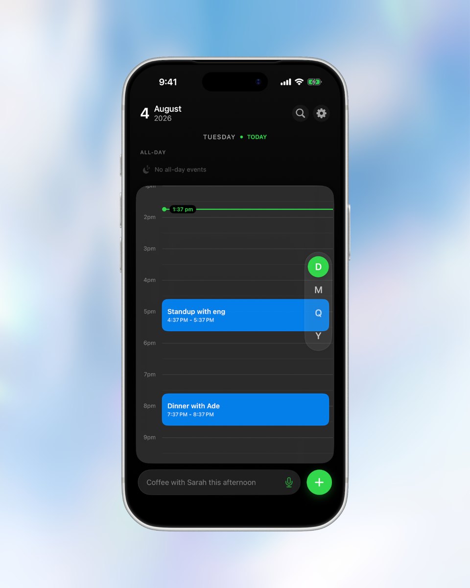 reCal day view with a live time indicator and natural language input